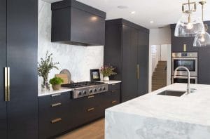 Black kitchen cabinets painted in Benjamin Moore BM 2124-10 Wrought Iron by Paper Moon Painting, Austin