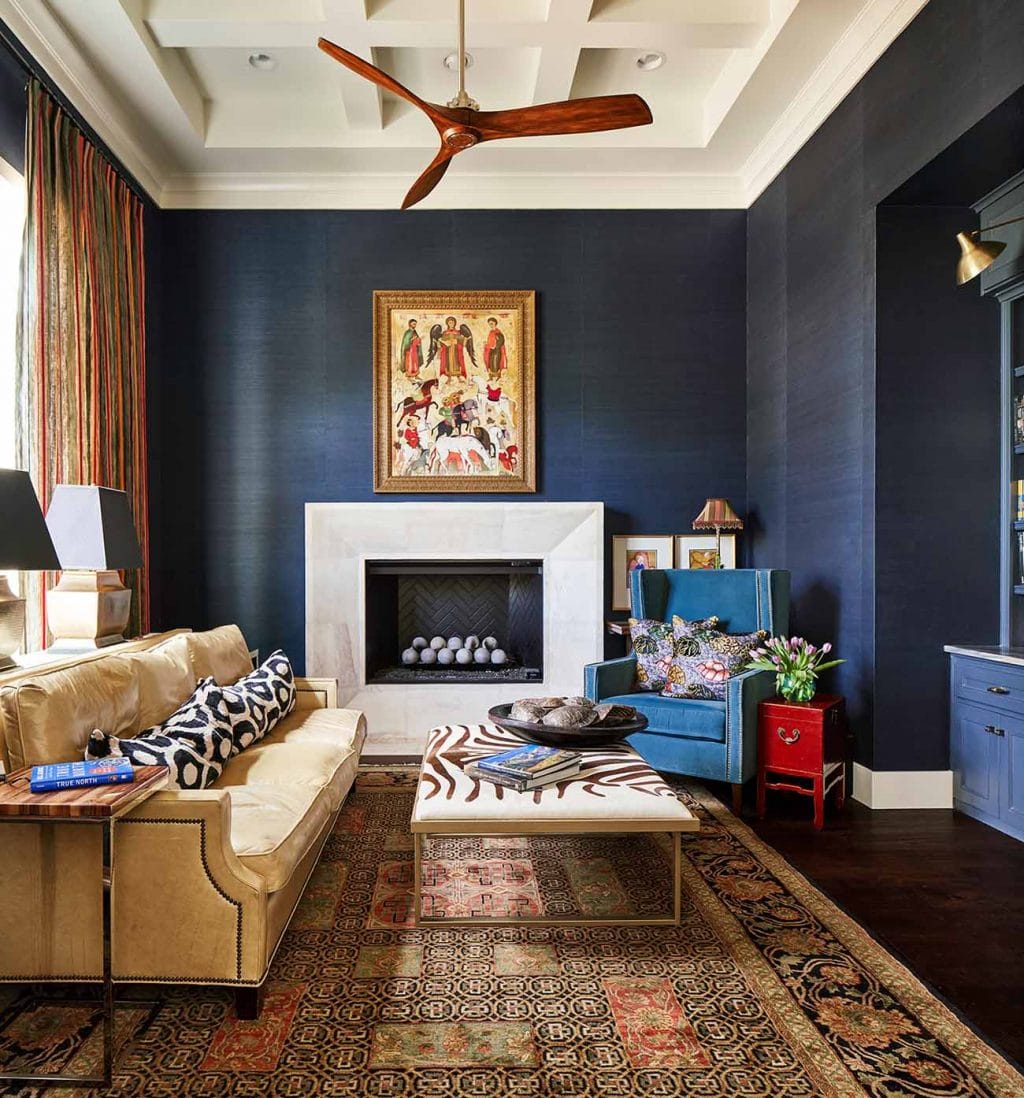 Blue grasscloth wallpaper installation in home office living room