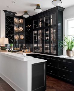 Home bar cabinets in black lacquer, Paper Moon Painting, Alamo Heights cabinet painters