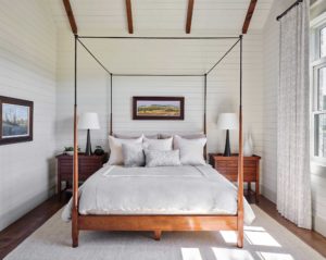 Seco Creek Ranch, interior and exterior paint project, Paper Moon Painting contractor, central Texas, guest bedroom w shiplap penny gap walls, Benjamin Moore OC-46 Halo