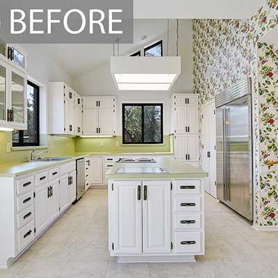 outdated-lime-green-kitchen-before-cabinet-painting
