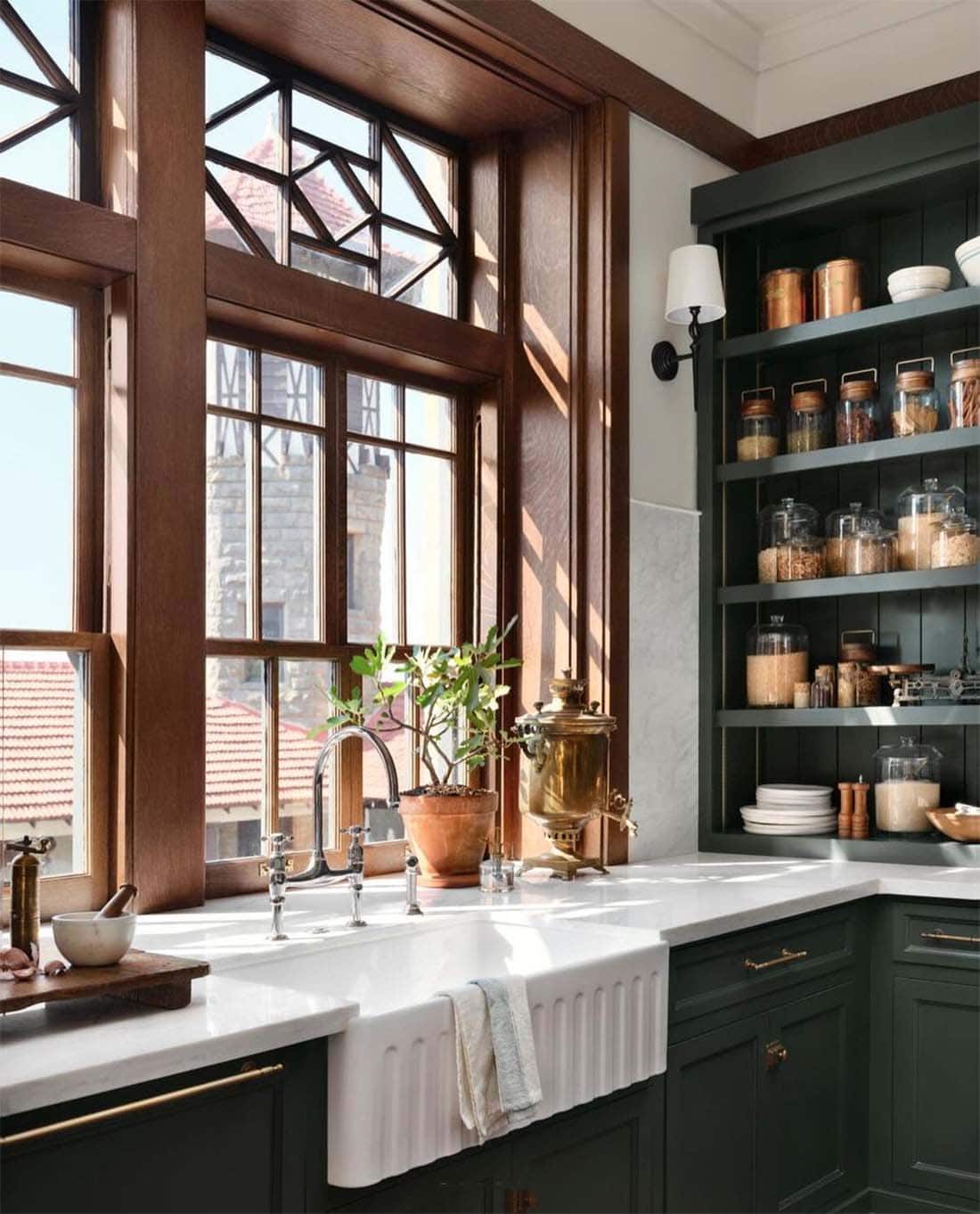 deep-green-cabinets-with-detailed-wood-windows-paint-color-cottage-grove-by-magnolia-home-for-kilzbrand
