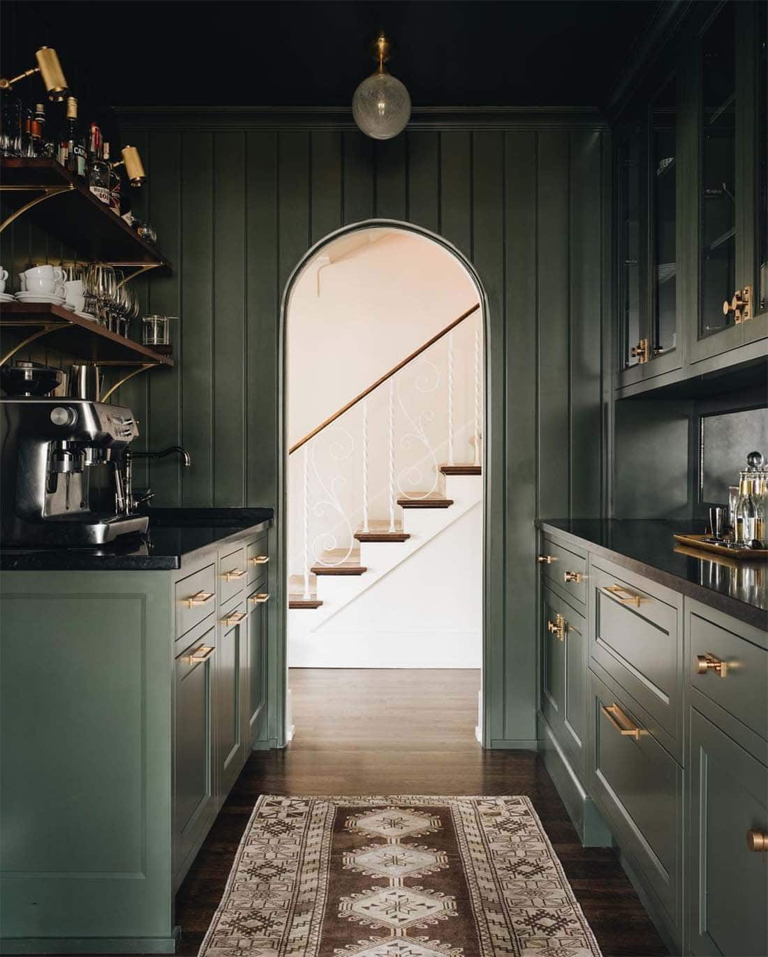 drenched-dark-olive-green-butlers-pantry-green-paint-color-on-walls-cabinets-and-ceiling