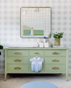 baby-boy-nursery-with-blue-gingham-wallpaper-and-green-clothes-chest-by-vogeinteriors